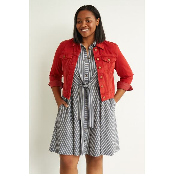 Lara Blue White Striped Button Front Dress Size L Belted Short Sleeve - Picture 1 of 6